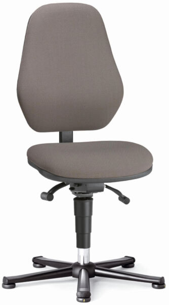 The office chair has a gray, padded backrest and a round seat. It stands on five black casters and has an adjustable gas cylinder for height adjustment.