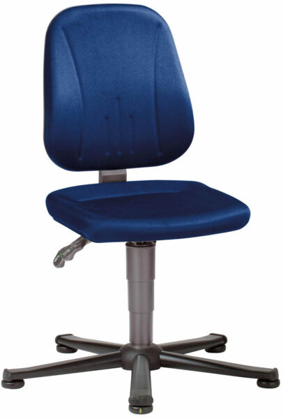 The office chair has a blue, padded seat and a backrest. It stands on a gray, rolling base with five spokes for stability and mobility.