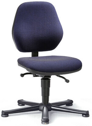 The office chair has a dark, padded seat and backrest. It stands on a five-spoke base with casters for mobility and features height adjustment.