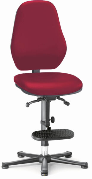 The chair has a red, upholstered seat and backrest. It features a swivel, height-adjustable base with five casters and a small footrest.