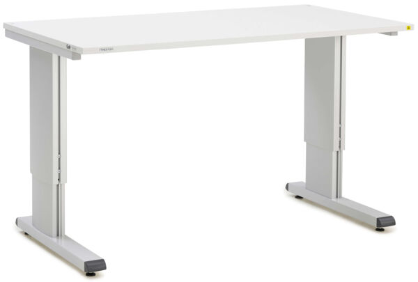 It is a rectangular, white desk with two silver legs. The tabletop is smooth and has rounded edges. The desk appears modern and simple.