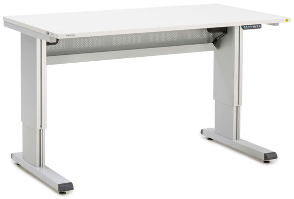 The desk has a rectangular, white surface. The legs are gray and have a modern, stable shape. There is a control panel on the side for height adjustment.