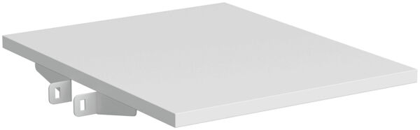 The image displays a square, white shelf with two brackets on the bottom. It features a flat, smooth surface and is designed to be mounted on the wall.