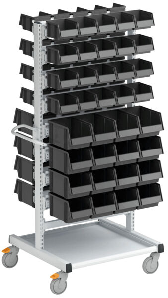 The image shows a rollable shelving system with multiple horizontal rows of black storage boxes. The frame is metallic and has wheels for mobility.