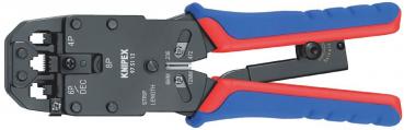 The image shows a black crimping tool with blue and red non-slip handles. It has multiple openings for processing cables and a scale for stripping lengths.