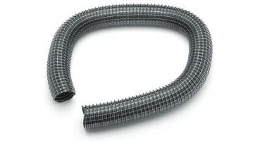 It is a flexible, ring-shaped hose surrounded by a lattice-like pattern. It is silver and has a smooth surface.