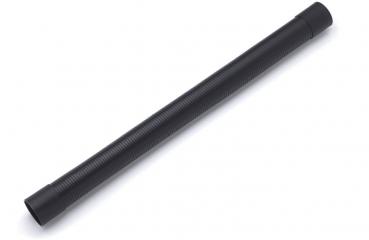 The image shows a long, slender, black plastic cylinder. It has a smooth surface at one end and is covered with fine grooves on the rest of it.