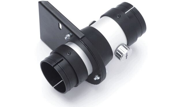 The image shows a round, metallic tube in black and silver. It has two openings, a larger one and a smaller one, and a side mount with screws. There is a rotary knob at one end.