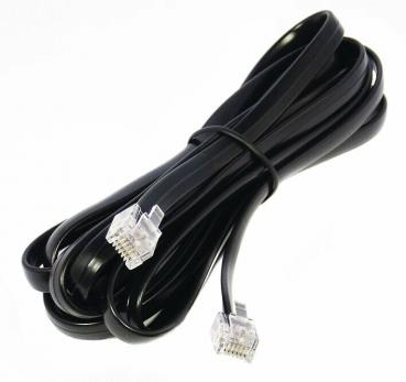 The image shows a black cable coiled in a spiral. At both ends, there are transparent plugs used for connecting to devices.