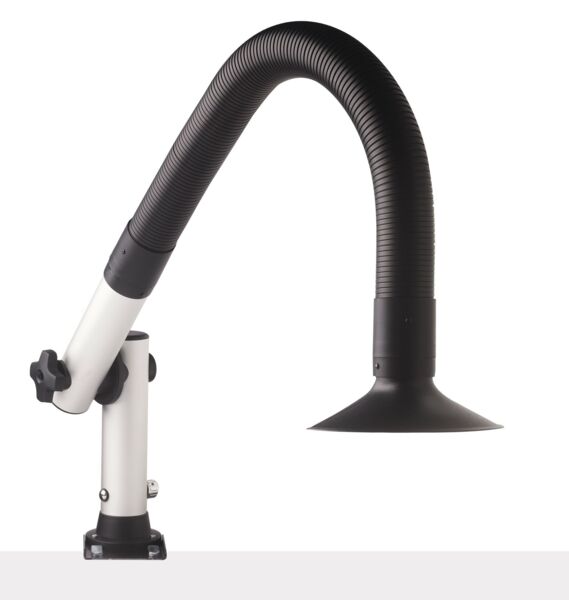 The image displays a flexible arm of a lamp. The upper part is black and cone-shaped, while the lower part is white and includes a mount. The arm is elongated and bendable.