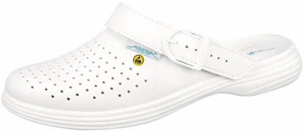 The shoe is a white clog with an open back. It features a wide, adjustable strap and many small holes for ventilation. The sole is lightweight and curved.