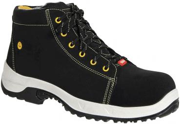 The image shows a black work boot with a high upper. It has yellow laces and eyelets, plus a white sole. The shoe appears robust and stable, ideal for professional use.