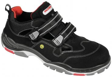 The image shows a black shoe with two wide Velcro straps. It features gray and red accents, a sturdy sole, and a sporty design, suitable for outdoor activities.