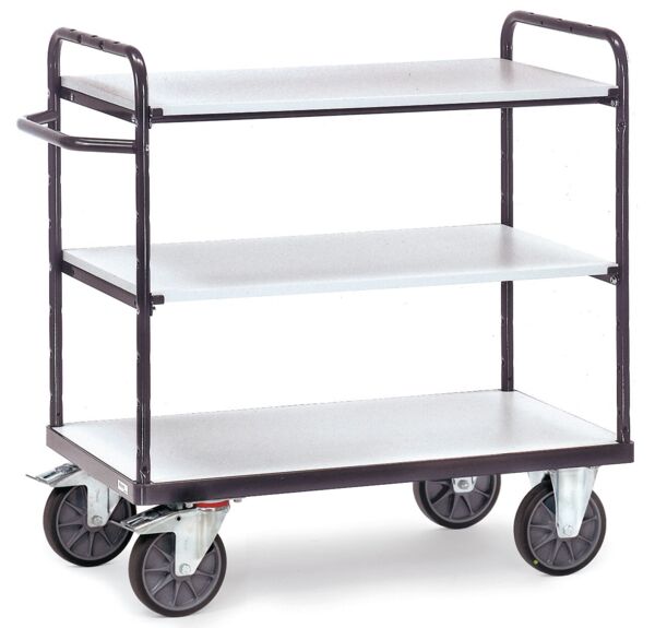 The image shows a mobile serving cart with three white shelves and a sturdy, dark frame. The cart has four casters for easy mobility.