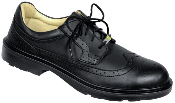 The image shows a black, elegant lace-up shoe. It has a smooth surface, side decorations, and a non-slip rubber sole. The laces are centered.