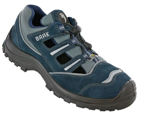 The shoe is a dark blue, sporty hiking shoe. It has a non-slip sole, braided laces, and a breathable upper made of textile and leather.