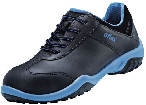 The shoe is black with blue accents. It has a smooth leather material, laces, and a non-slip, bright rubber sole. The shape is sporty and functional.