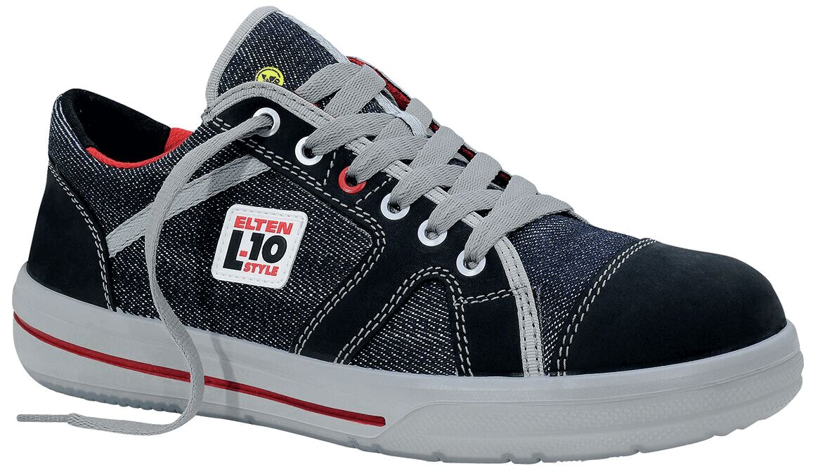 The shoe is a sporty sneaker in dark blue with gray laces and red accents. It has a gray rubber sole and a modern, casual design.