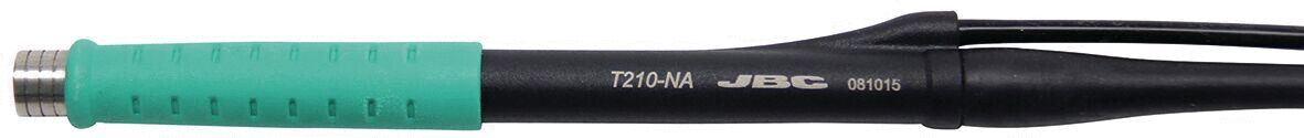 The image shows the handle of a soldering iron. The handle is green with a non-slip texture and has a black, sleek shape. A cable runs along the top, connecting to the iron.