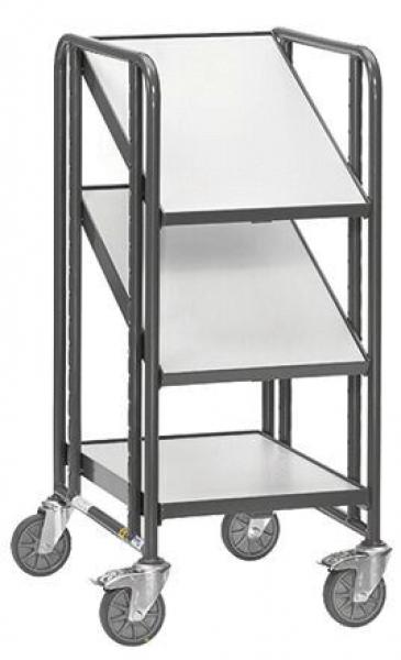 The image shows a three-tier shelving system on four wheels. It has a metallic structure that is colored in black, and the shelves are arranged at an angle.