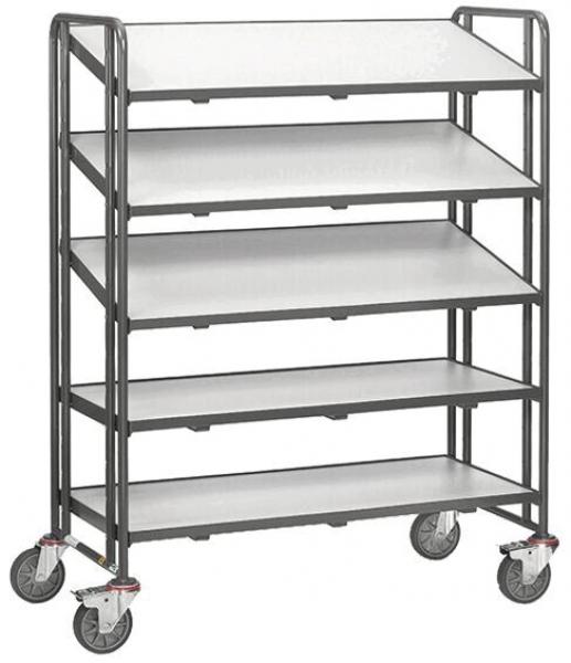 The image shows a sturdy, five-tiered cart with a metallic frame. The shelves are flat and made from a smooth material, suitable for placing various objects. The cart has wheels.