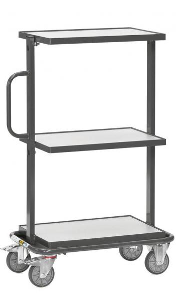 The image displays a three-tiered serving cart made of metal with a black frame. It features smooth, white shelves and four casters for easy movement, as well as a side handle.