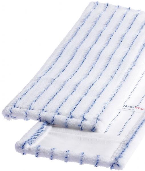 The image shows a white mop cover with blue stripes. It has a fluffy surface and straight edges. It is intended for cleaning devices.