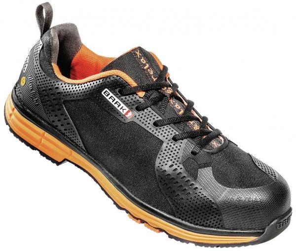 The shoe is a black safety shoe with orange accents. It features a breathable upper, a sturdy sole, and laces for secure fit.