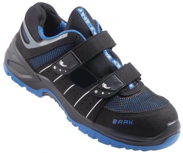 The shoe is black with blue accents. It has a sporty shape, a padded collar, and two Velcro straps. The sole is textured and provides good grip.