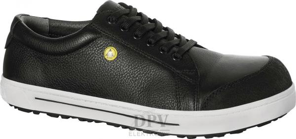 The shoe is black, made of leather, and has a smooth, textured-looking surface. It features a white rubber sole and laces. A yellow emblem is visible on the side.