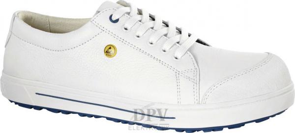 The shoe is a white leather sneaker with round laces. The sole is lightweight and features a blue rubber coating. There is a golden logo on the side.