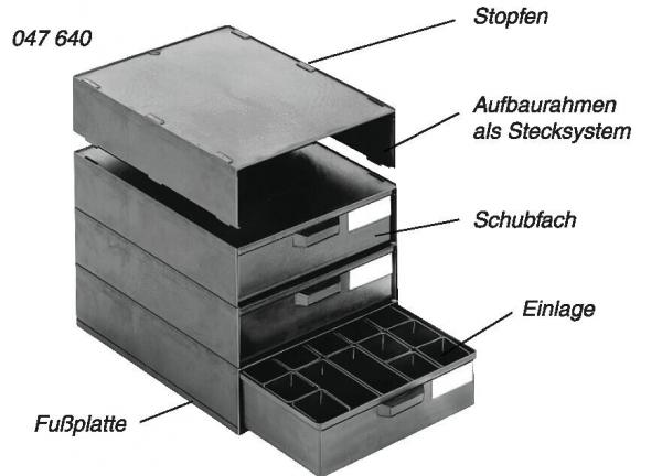 The image shows a stackable storage unit with multiple compartments. On top is a removable plate, followed by three drawers and an insert with divided compartments.