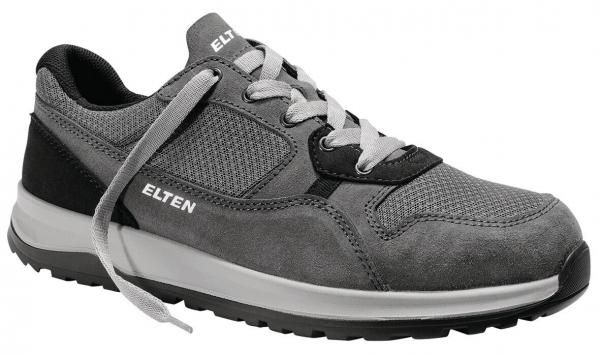 The shoe is a gray sneaker with an upper made of textile and suede. It has a white sole, black details, and gray laces. The brand "ELTEN" is visible on the side.