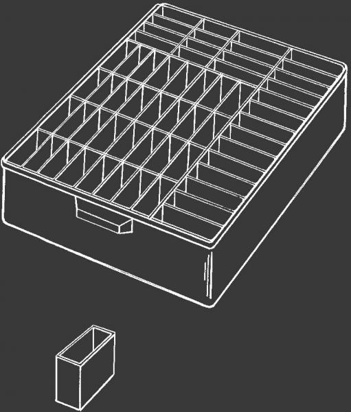 The image shows a rectangular container with many small compartments, ideal for storage or organization. A smaller compartment is depicted next to it.