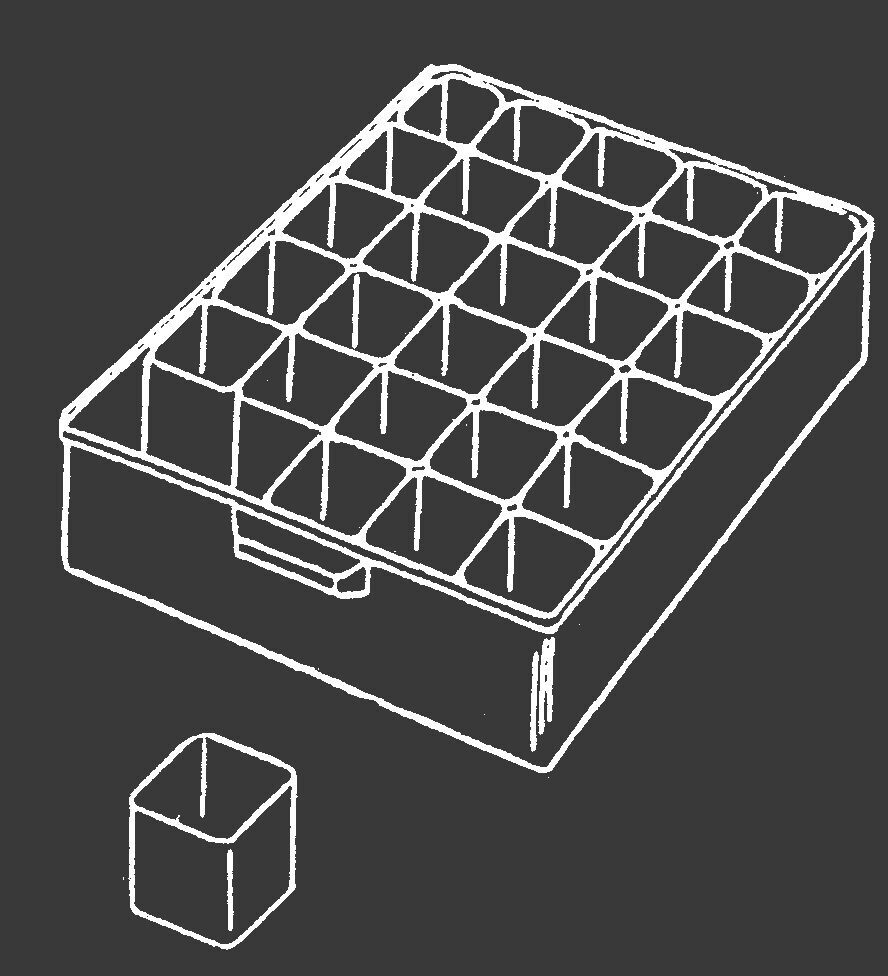 The image shows a rectangular box with many small compartments, evenly arranged. To the right, there is a single compartment, separated from the rest. Everything is sketched.