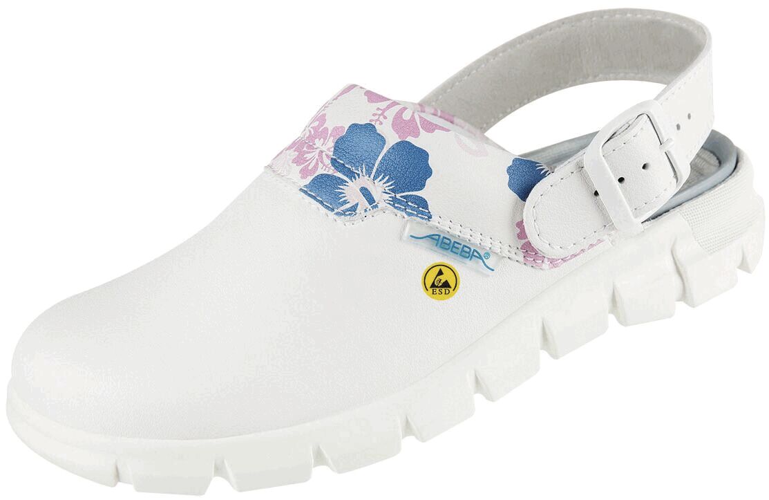 The shoe is a white clog with a colorful floral pattern in blue and pink. It has a strap at the back and a thick, non-slip sole. The shape is slightly curved and open.