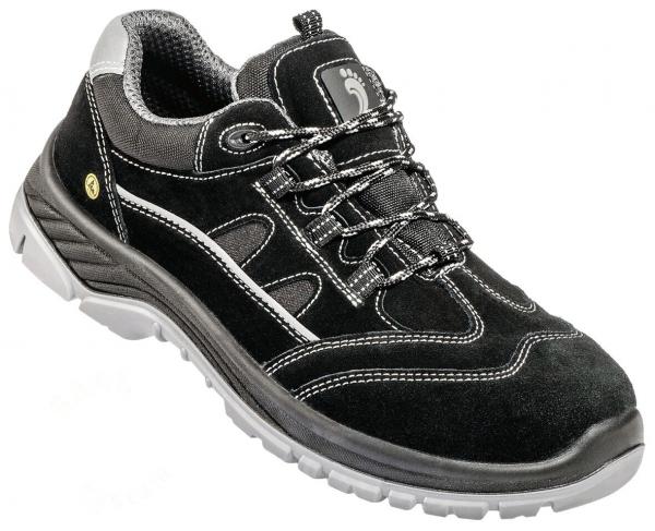 The shoe is black with gray and white details. It has a textured surface, laces, and a sporty, non-slip sole. The shape is comfortable and ergonomic.