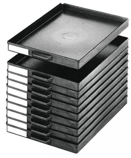 The image shows a stack of ten black trays. Each tray has a side handle and a white labeling area at the front. The trays are neatly stacked on top of each other.