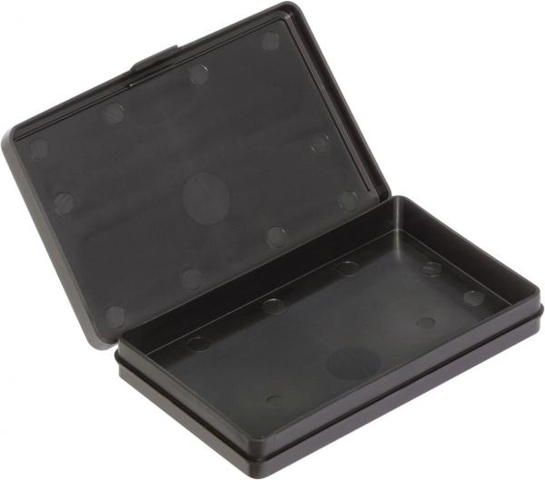 The image shows a rectangular, black case that is open. It has a smooth surface and many small indentations inside. It appears simple and functional.