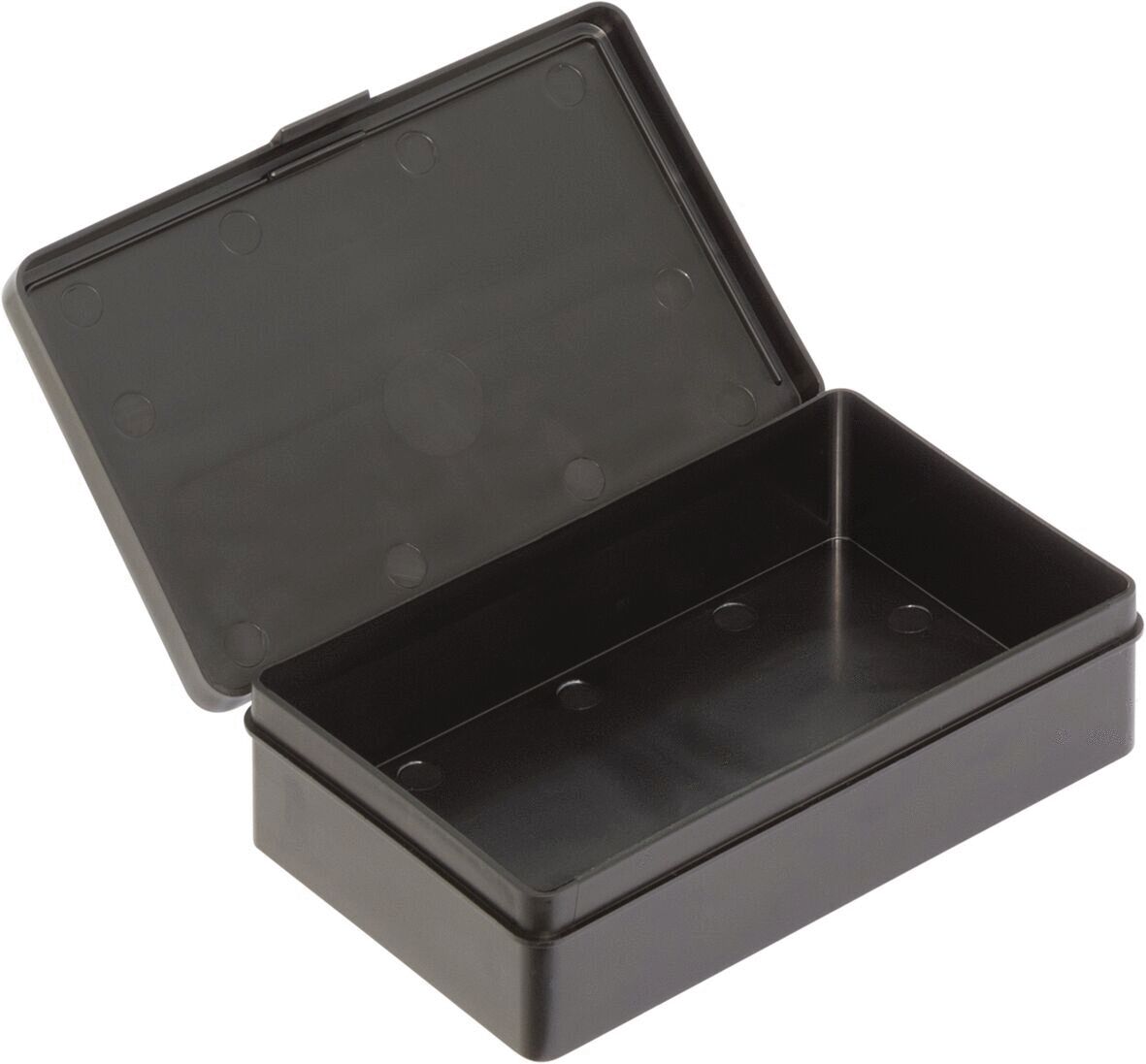 The image shows a black, rectangular box with a lid that is open. The interior surfaces are smooth, and there are no visible compartments or dividers. The box is sturdy and simple.