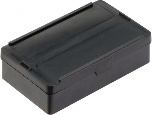 The image shows a rectangular, black plastic box with a flat lid. The edges are slightly rounded, and the box has a simple, matte surface without any decoration.