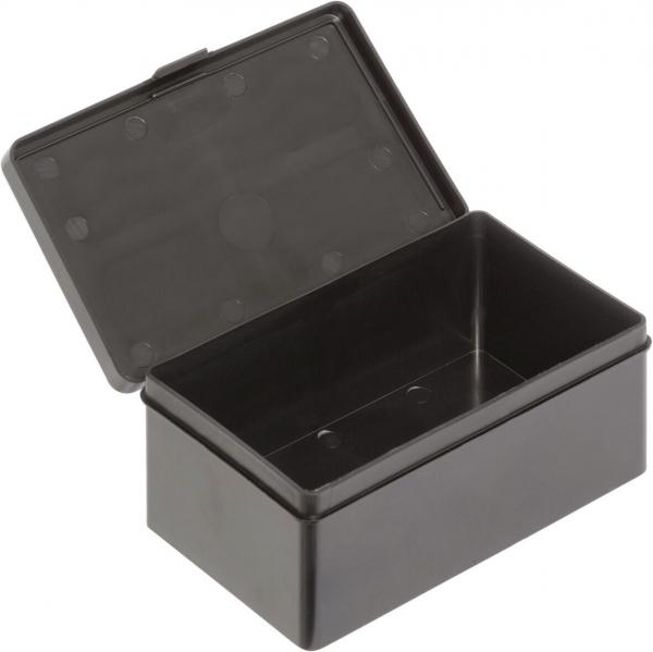 It is a black, rectangular plastic box with a removable lid. The box is plain and has no special decorations. The interior is empty.