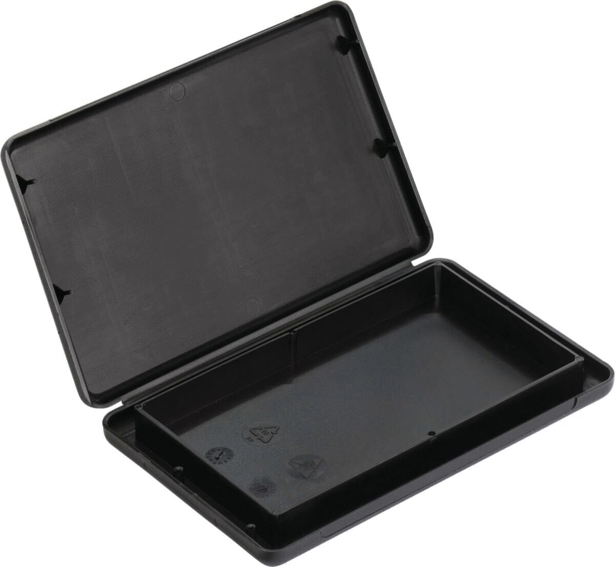 The image displays a black, rectangular plastic box with a removable lid. The box has smooth walls and a flat interior, ideal for storing small items.