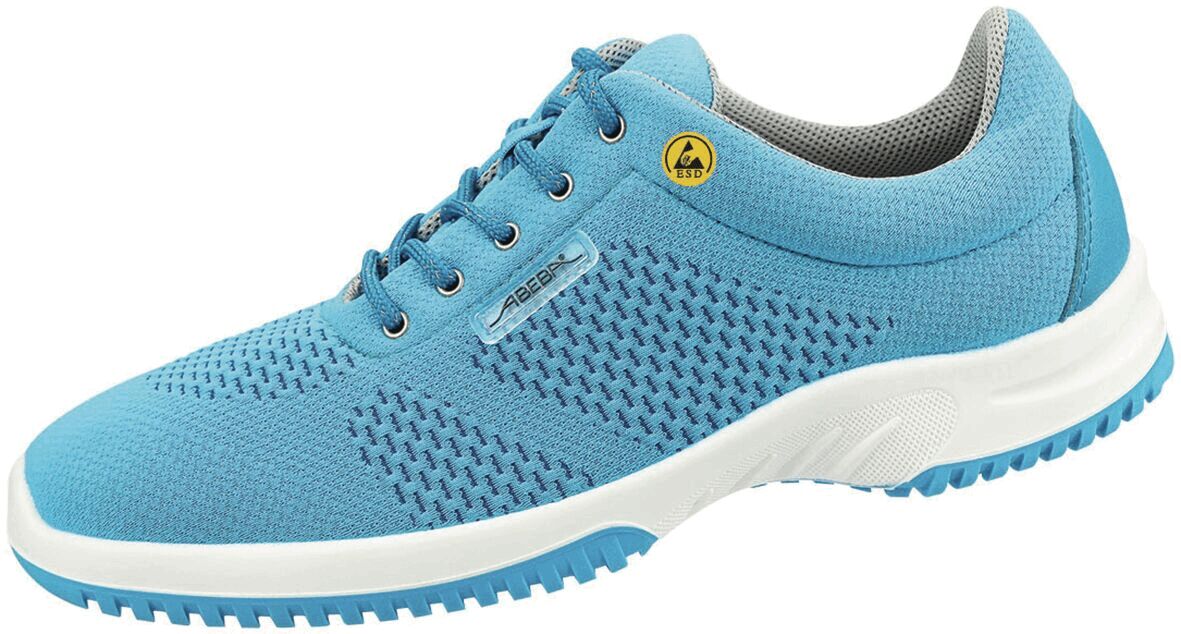 The shoe is a sporty, blue sneaker with a breathable upper. The sole is white with blue accents and offers a non-slip structure. Lace-up closure.