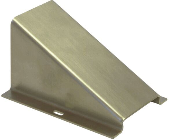 The image shows a metallic wedge that is flat on one side and rises to a sharp angle at the top. It has a smooth surface and an opening at the base.