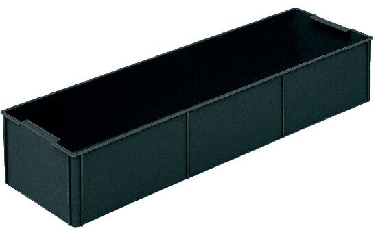 The image displays a long, narrow container in black. It has two open sides and a three-part interior structure, perfect for organizing items.