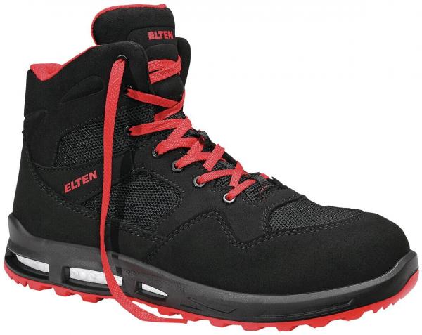 The shoe is a black, knee-high sneaker with red accents. It features thick laces, a grippy sole, and mesh-like inserts for ventilation. The brand "ELTEN" is visible.