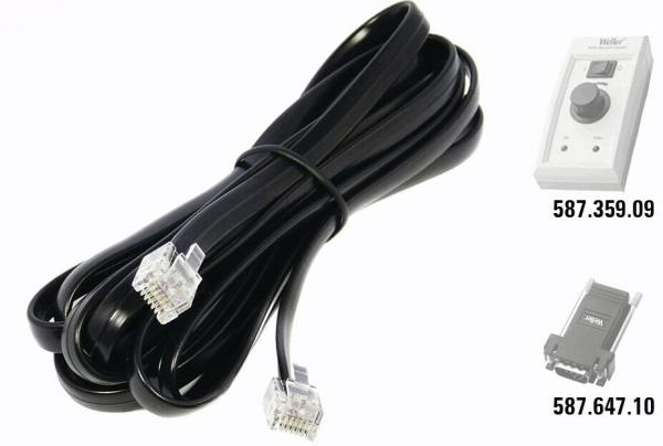 The image shows a black cable with two transparent connectors at the ends. On the right, two small devices are depicted, along with order numbers.