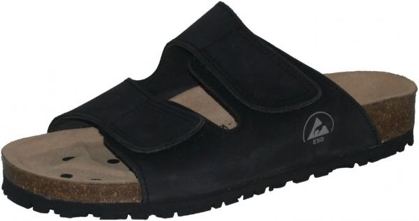 The image shows a black slipper with two adjustable Velcro straps. The sole is made of cork and the underside has a coarse profile for good grip.