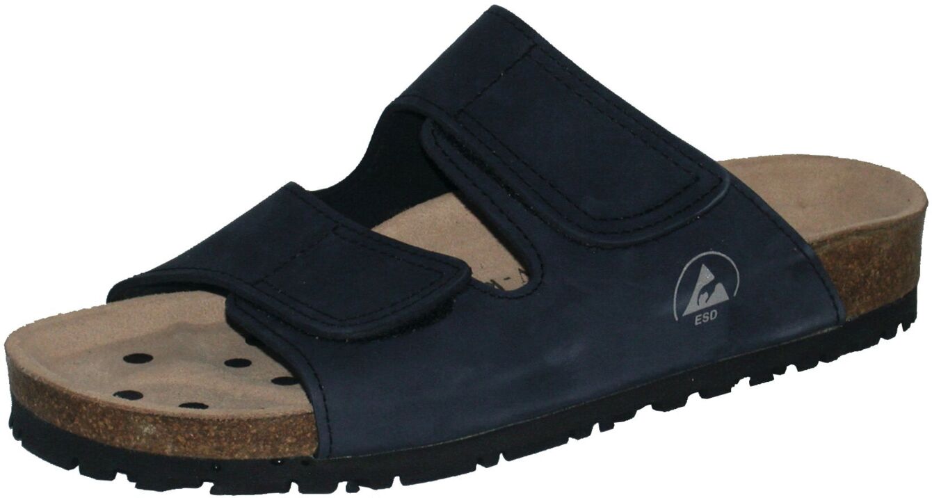 The image shows a dark blue sandal with two wide Velcro straps. The insole is beige with small holes, the sole is black and textured for good grip.